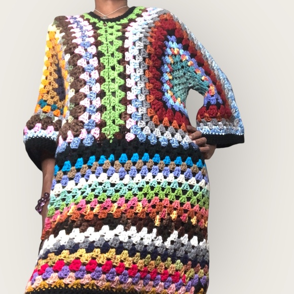 AMARA Bohemian Oversized Crochet Sweater Dress-Chunky Knit Kaleidoscope of Color - Picture 1 of 16